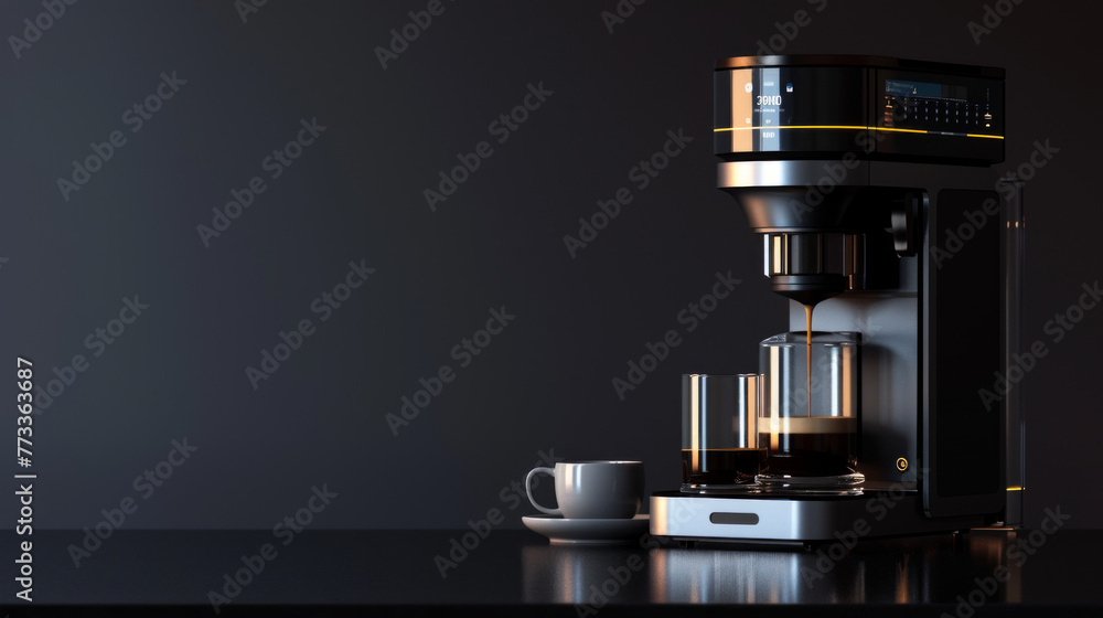 A modern and minimalist black and silver smart coffee maker with programmable brewing options A modern and minimalist black and silver smart coffee maker with programmable brewing options