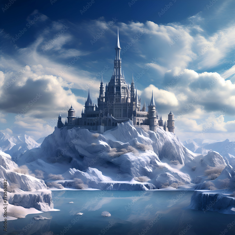 Obraz premium Fantasy landscape with fairytale castle on the iceberg. 3D illustration