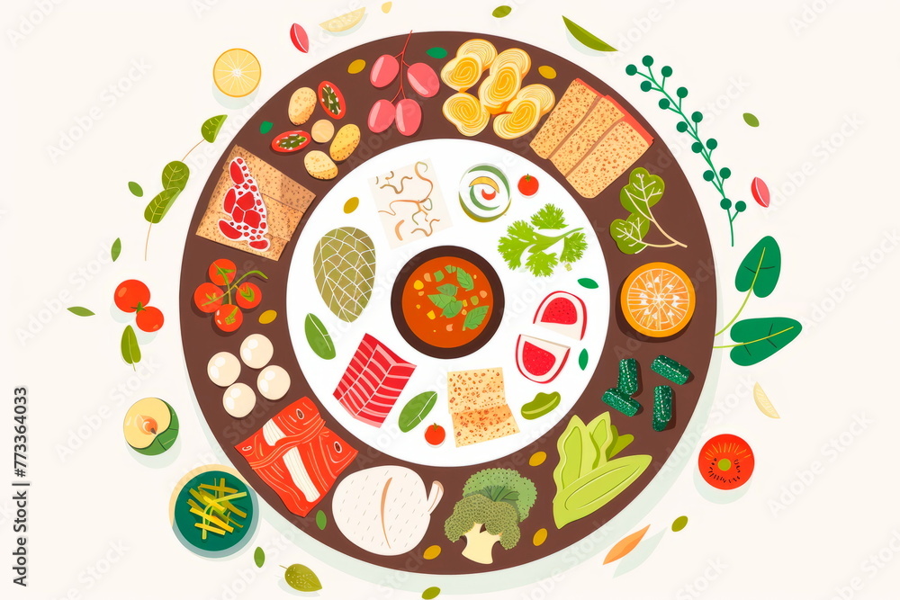 Passover Seder plate with a diverse array of symbolic foods, reflecting the multicultural aspect of the holiday.Generative AI Passover Seder plate with a diverse array of symbolic foods, reflecting the multicultural aspect of the holiday.Generative AI