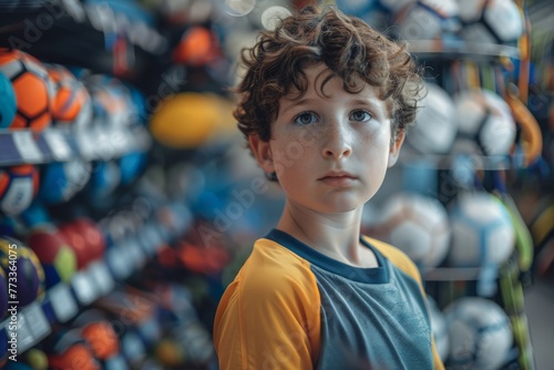 Young Boy Standing in Front of Wall of Balls