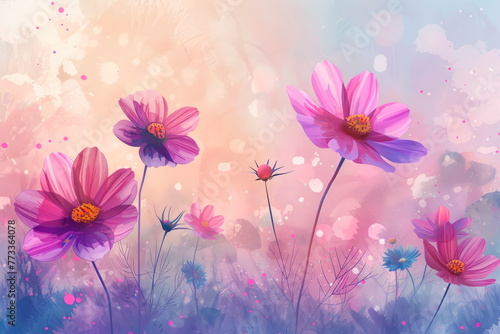 Whimsical watercolor of cosmos flowers against a dreamy pastel background, perfect for adding a touch of magic. Generative AI