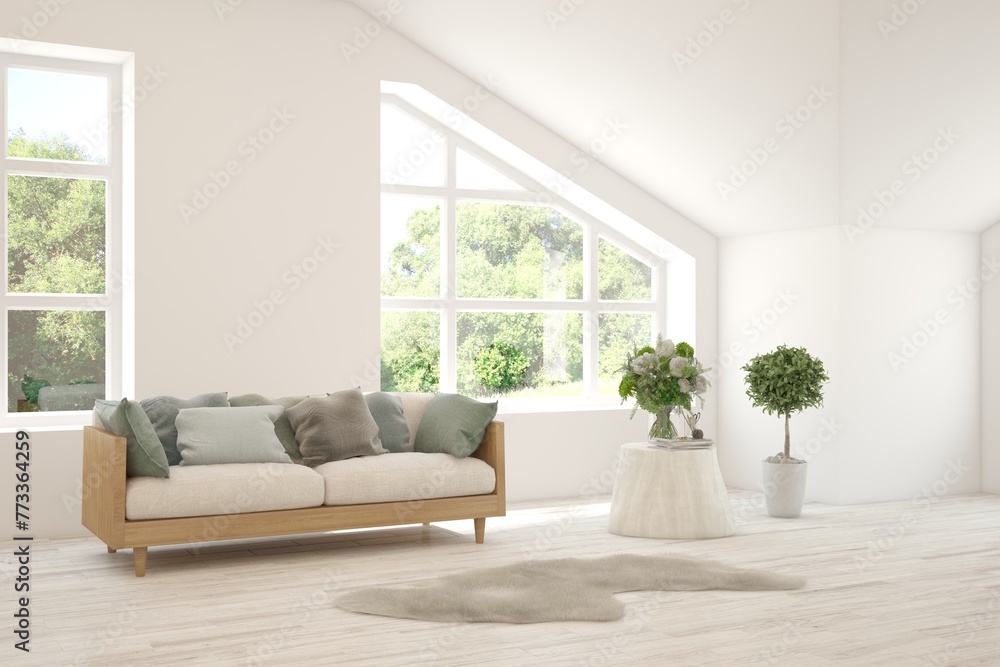 Bright interior design with modern furniture and summer landscape in window. 3D illustration