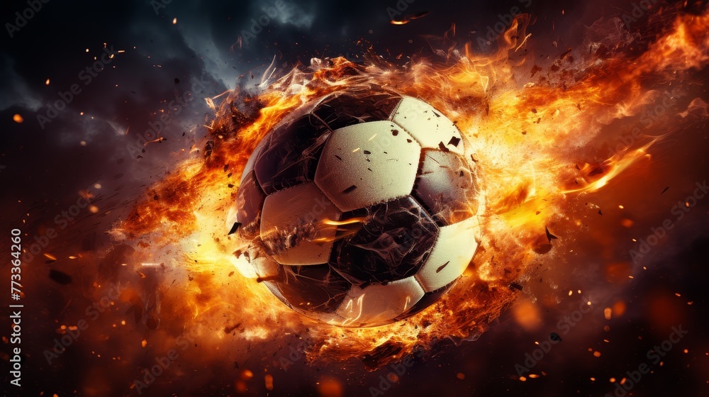 Naklejka premium Football with sparks flying, Soccer ball on drops water trail