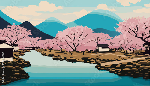 Japanese garden with cherry blossoms or sakura and lake with mountains