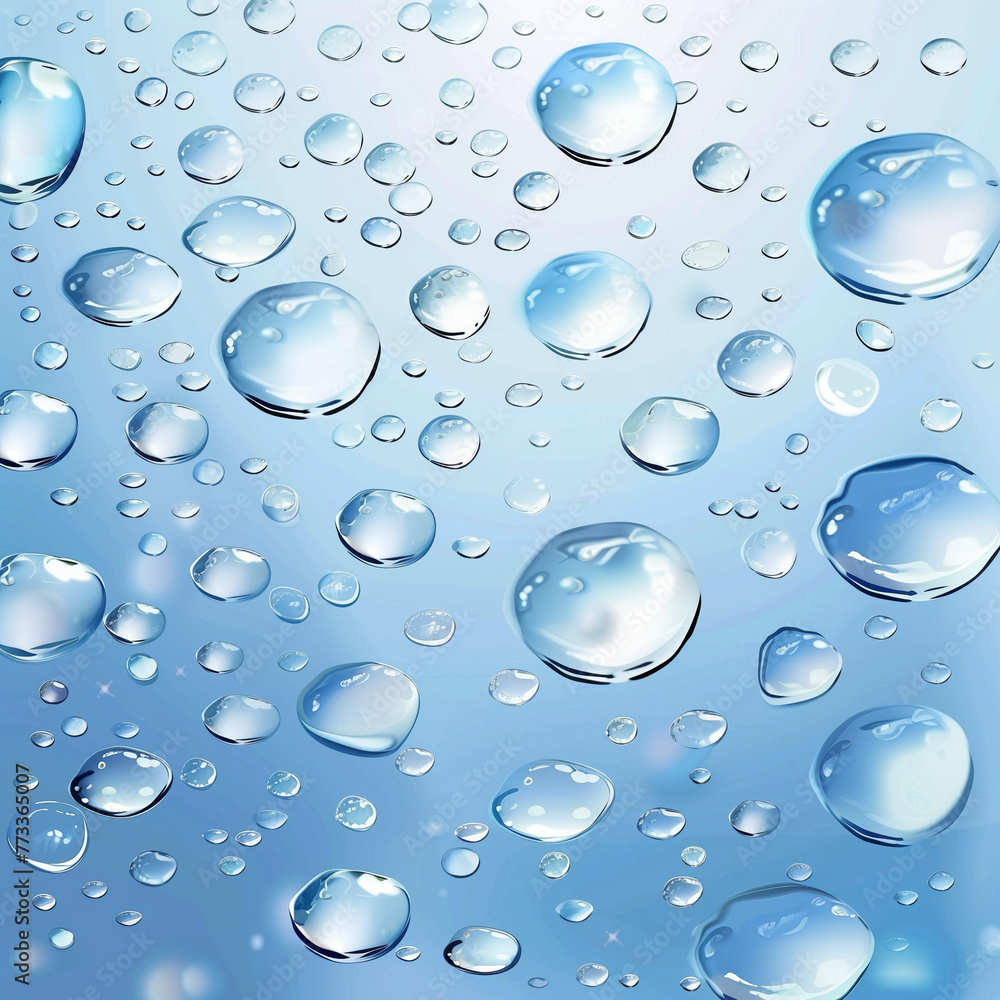Close-up vector art illustration of water droplets, detailed patterns and reflections, soft blue tones, clean and simple