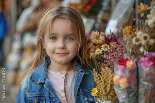 Little Girl Standing Near Bunch of Flowers