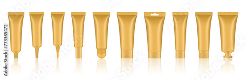 Set of gold cosmetic tubes. Closed blank tubes with caps. Realistic mockup. Long nozzle tube. for ointment or salve. Gel serum. Korean packaging. Lip gloss. Toothpaste. Hand cream