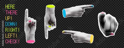 Collage element set of pointing hands and pixel text. Pointing fingers for information sign, navigation, show various directions. Cut out shapes, hand gesture. Grunge modern retro vector illustration