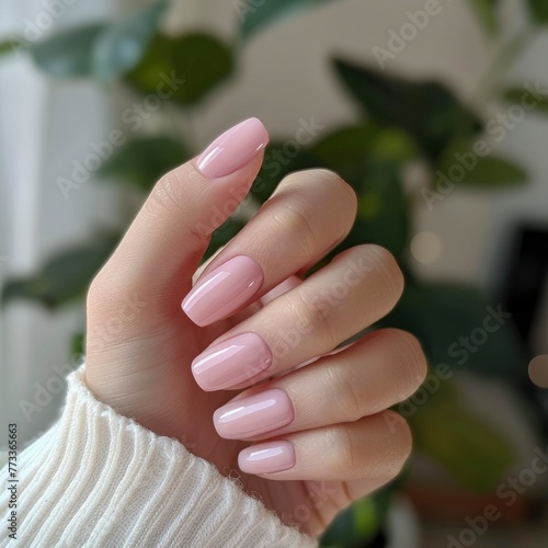 a hand showing cute light pink colour smooth manicured nails infront of solid background
