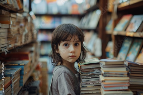 Little Girl Holding Books in Library