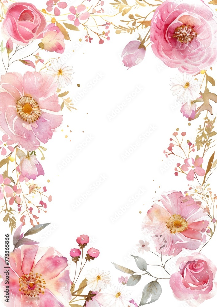  light pink, and gold-colored daisies and roses at the top and bottom of the picture of simple water colour frame at white background