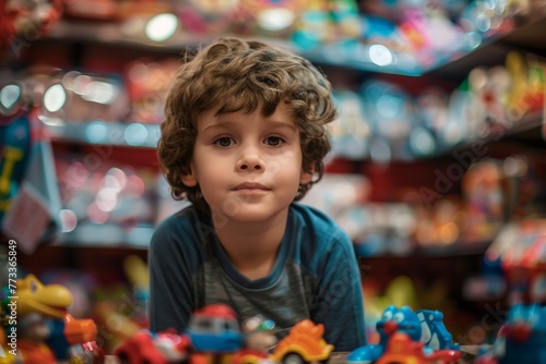 Young Boy Sitting In Front Of Toy Display