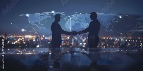 Two businessmen shaking hands with a global network world map in the foreground. Concept Business Partners, Global Networking, Handshake Agreement, Professional Collaboration