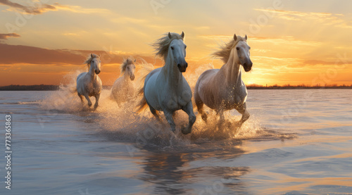 Brown  grey  black and white horses running on the water beach   against the background soft sunset light.