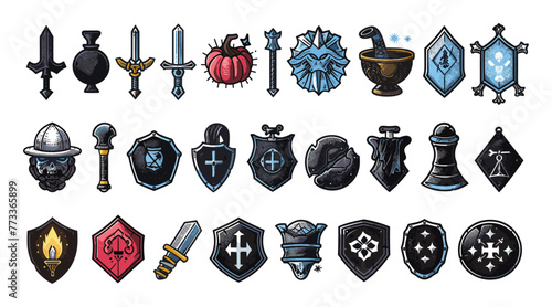 ゲームファンタジーアイコンセット、ベクターマジックダンジョンドラゴンRPGサイン、中世戦士アバター、おとぎ話サイン。ナイトバトルソード、アーマーヘルメット、パワーウェポン、ウィッチハット、ポーション大釜。ファンタジーアイコンキット