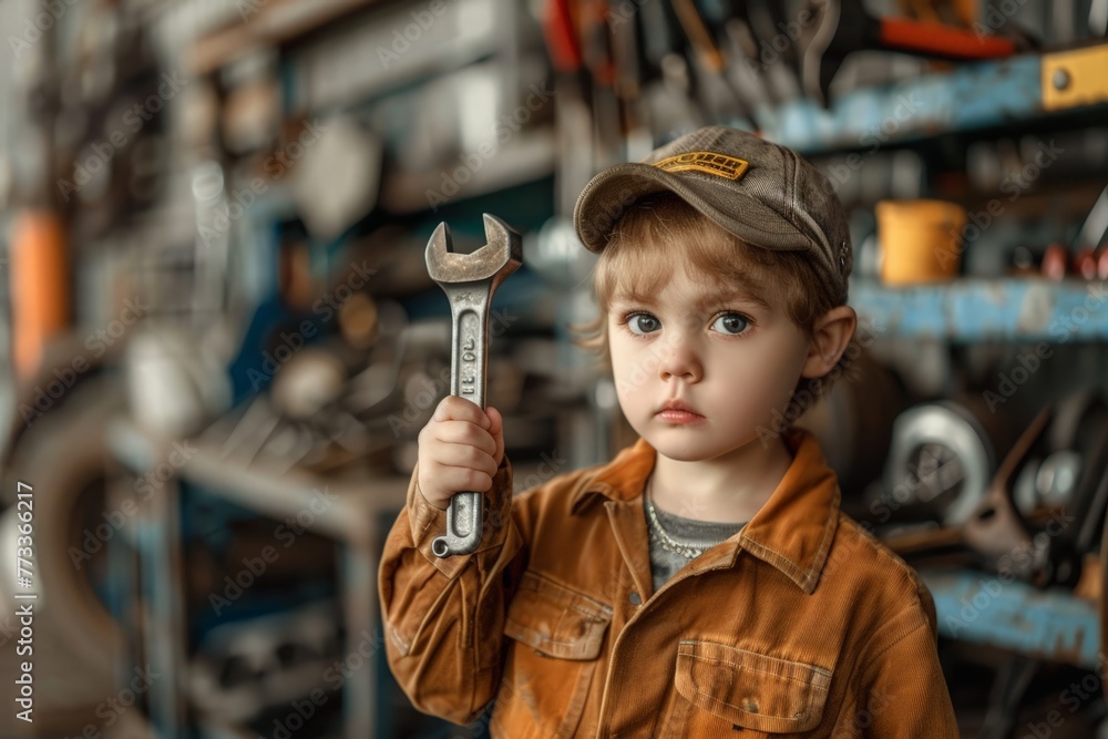 Young Boy Holding Wrench in Garage