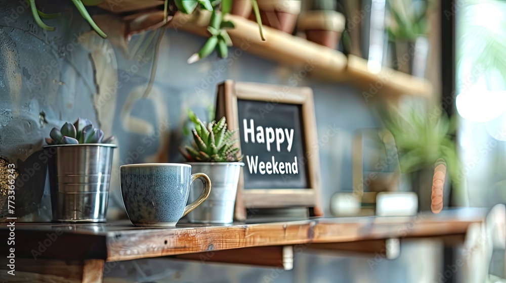 Happy Weekend" adorns a blackboard atop a wooden shelf, inviting relaxation and joy. Embrace the weekend vibes and invest in leisure. - obrazy, fototapety, plakaty 