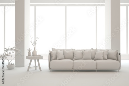 Grey interior desigh concept with furniture. 3D illustration