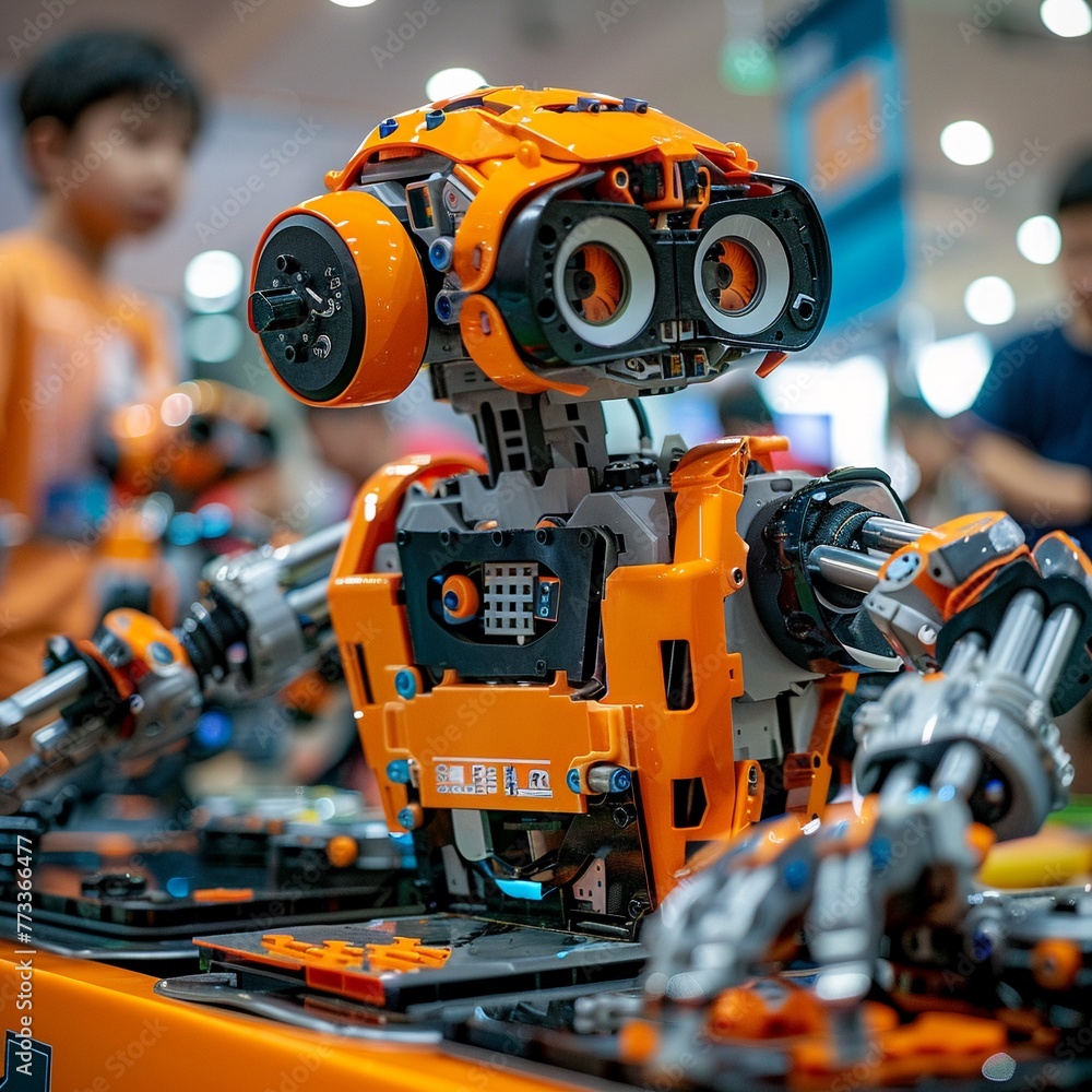 An interschool robotics tournament, where students design and build robots to perform tasks that mimic future industrial operations , close-up