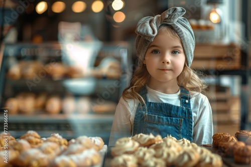 Little Girl Standing in Front of Doughnuts