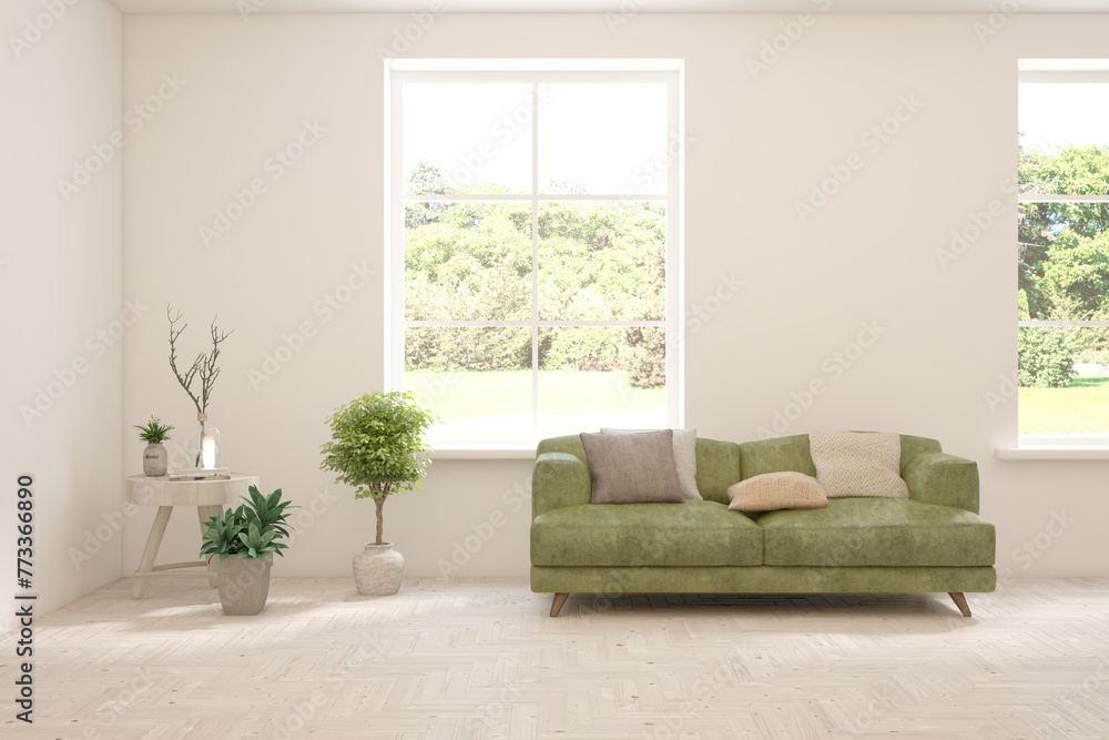 Bright interior design with modern furniture and summer landscape in window. 3D illustration Bright interior design with modern furniture and summer landscape in window. 3D illustration