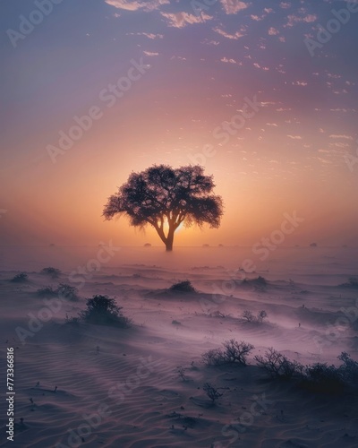 brown grass and a tree on a landscape with fog during sunrise