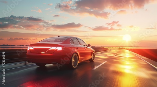 3d car rides on the road to meet the sun, concept 3d render for advertising auto products © Alice