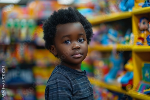Young Boy Admiring Shelf of Toys
