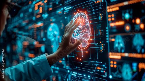 Hand of a doctor analyzing a patient's brain scan in a digital hologram. Digital and futuristic healthcare. Hologram of a brain and human anatomy. Virtual interface, futuristic, technology, AI. © JMarques