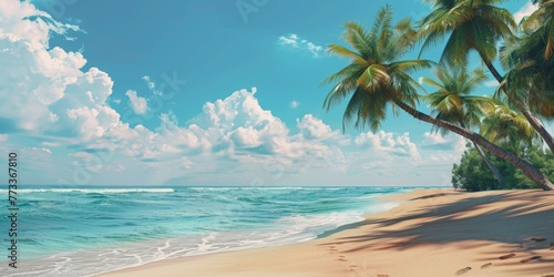 Palm tree and white sand against the background of the azure ocean Generative AI © València