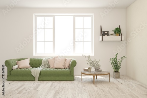White living room with sofa. Scandinavian interior design. 3D illustration