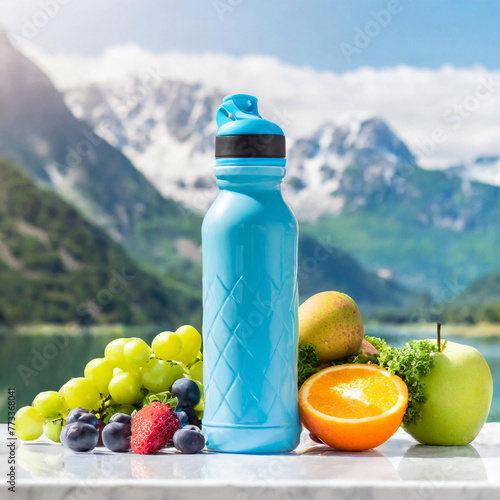 Mockup sport drink bottle with fruits on mauntains background, health concept on nature photo