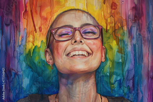 A painting depicting happy bald woman wearing glasses smiling warmly