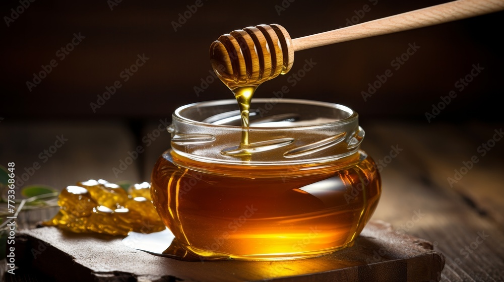 Honey in glass jar with wooden spoon on wooden background Honey in glass jar with wooden spoon on wooden background