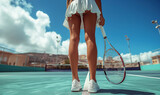 back of tennis player girl in white short skirt with slender sexy ass and legs holds a racket in hand on court close up