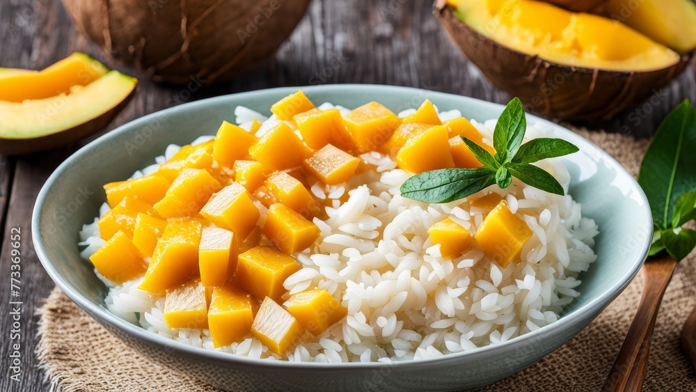 Breakfast: Rice porridge with mango and coconut milk Breakfast: Rice porridge with mango and coconut milk