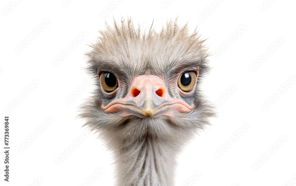 Close-up of an ostrichs regal and curious head against a clean white backdrop