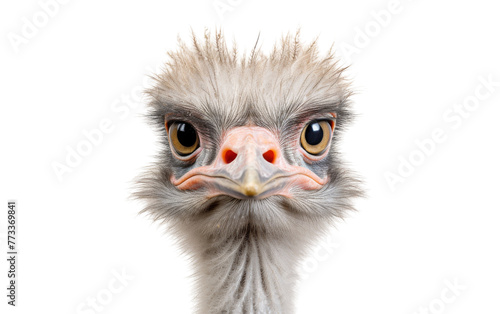 Close-up of an ostrichs regal and curious head against a clean white backdrop