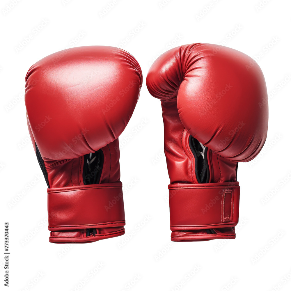 A vibrant pair of red boxing gloves contrast against a clean white background