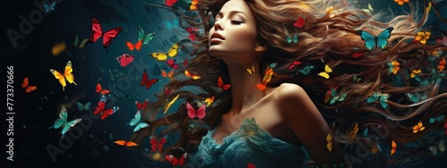 A beautiful woman with long hair and colorful butterflies flying around her head, photo realistic, in the style of teal background