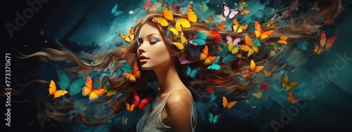 A beautiful woman with long hair and colorful butterflies flying around her head, photo realistic, in the style of teal background © loran4a