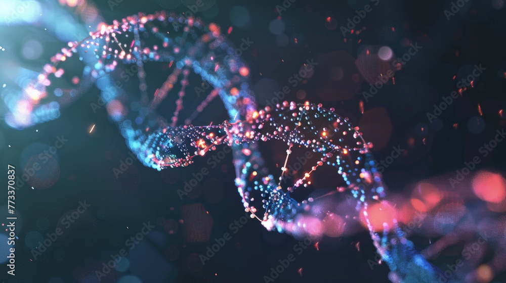 A digitally generated depiction of a DNA double helix with a glowing, neon aesthetic against a dark backdrop A digitally generated depiction of a DNA double helix with a glowing, neon aesthetic against a dark backdrop