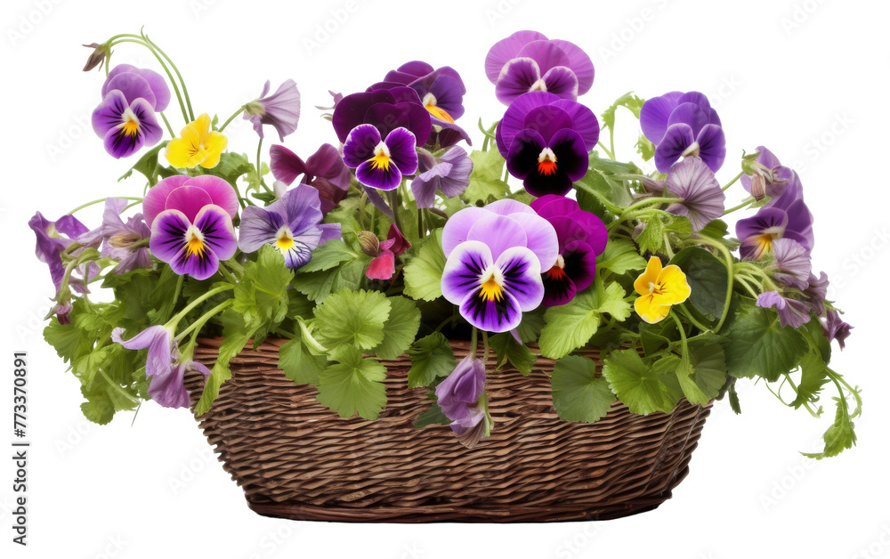 Basket overflowing with vibrant purple and yellow flowers bathed in sunlight