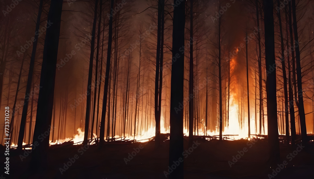 Burning forest at night. AI generated.