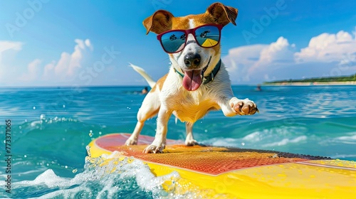 Catch waves of joy with a surfing dog sporting sunglasses, riding the surfboard at the ocean shore, epitomizing fun and adventure. © pvl0707