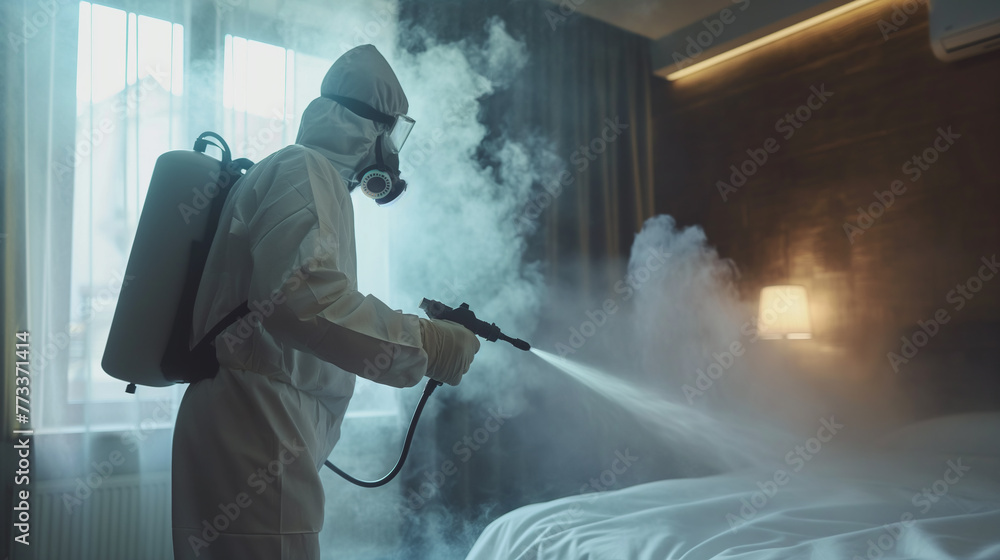 Obraz premium Pest Control Professional Disinfecting a Hotel Room. Sanitization Service Worker Spraying in a Room Interior