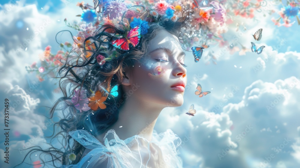 A beautiful woman with long hair and colorful butterflies flying around her head, photo realistic, in the style of teal background A beautiful woman with long hair and colorful butterflies flying around her head, photo realistic, in the style of teal background