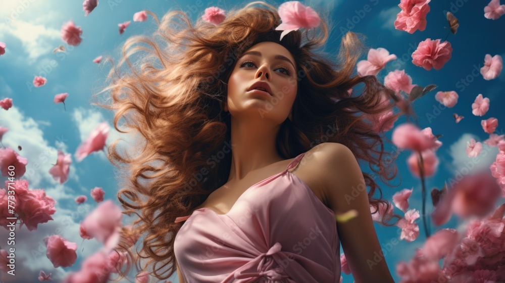 A beautiful woman with long hair and colorful butterflies flying around her head, photo realistic, in the style of teal background A beautiful woman with long hair and colorful butterflies flying around her head, photo realistic, in the style of teal background