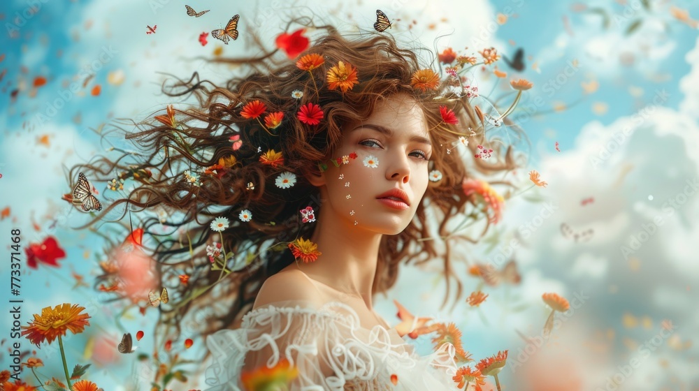 A beautiful woman with long hair and colorful butterflies flying around her head, photo realistic, in the style of teal background