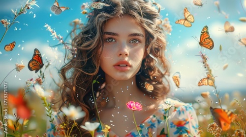 A beautiful woman with long hair and colorful butterflies flying around her head, photo realistic, in the style of teal background